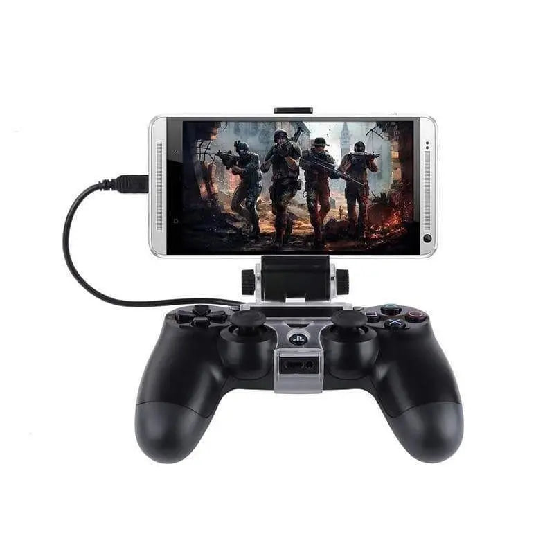 Black PS4 controller with Joypad Pour phone mount and Android smartphone connected via OTG cable showing shooter game scene