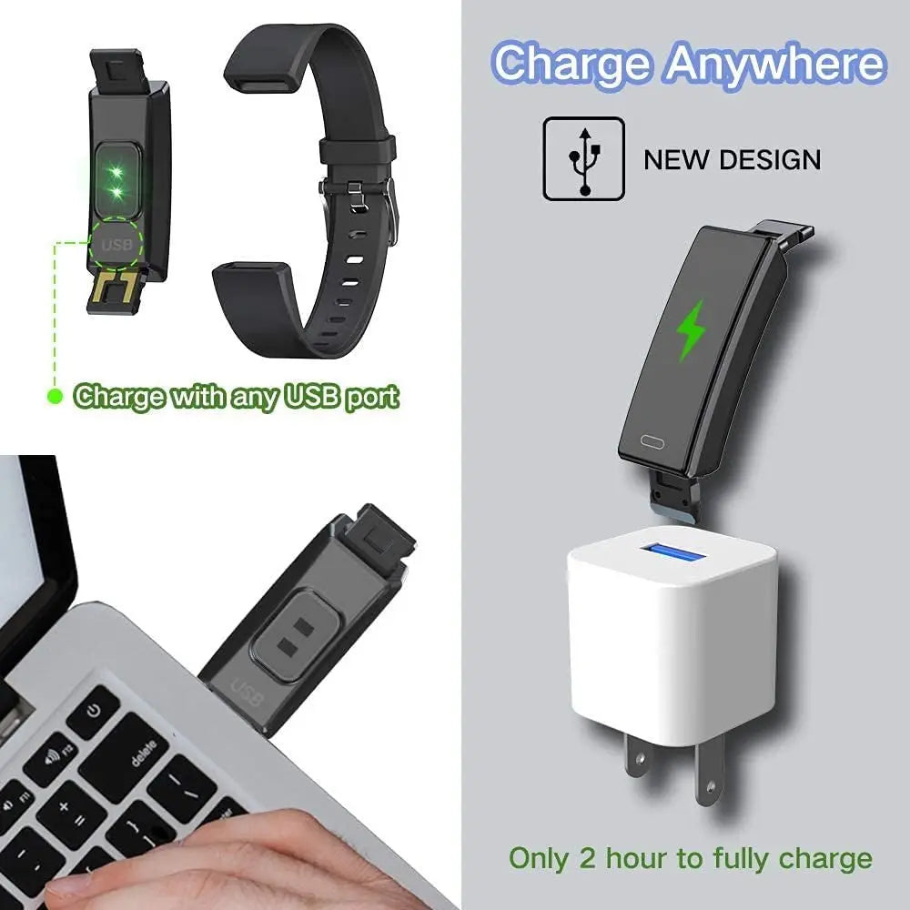 Black kids fitness tracker watch with removable USB charging plug compatible with laptops and wall adapters for quick charging