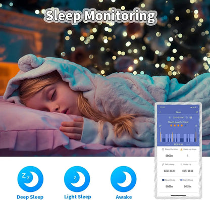 Child sleeping peacefully in pajamas with sleep monitoring data and icons showing deep sleep, light sleep, and awake stages