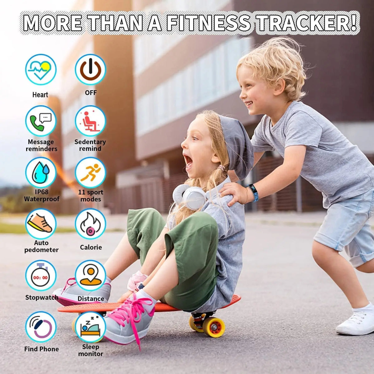 Two smiling kids playing outside, one wearing a black fitness tracker watch with sport mode icons shown on left side