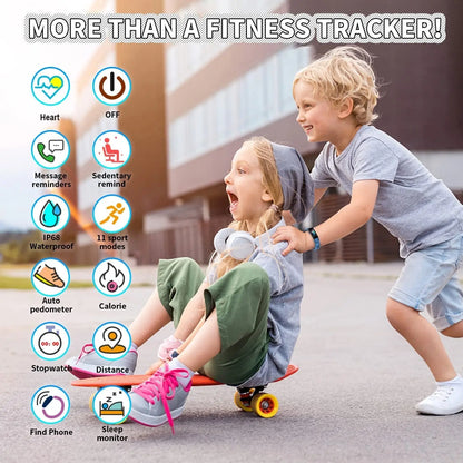 Two smiling kids playing outside, one wearing a black fitness tracker watch with sport mode icons shown on left side