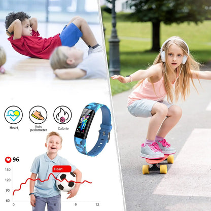 Kids fitness tracker smartwatch with heart rate, pedometer, calorie features, and 11 sport modes for ages 6-16 years