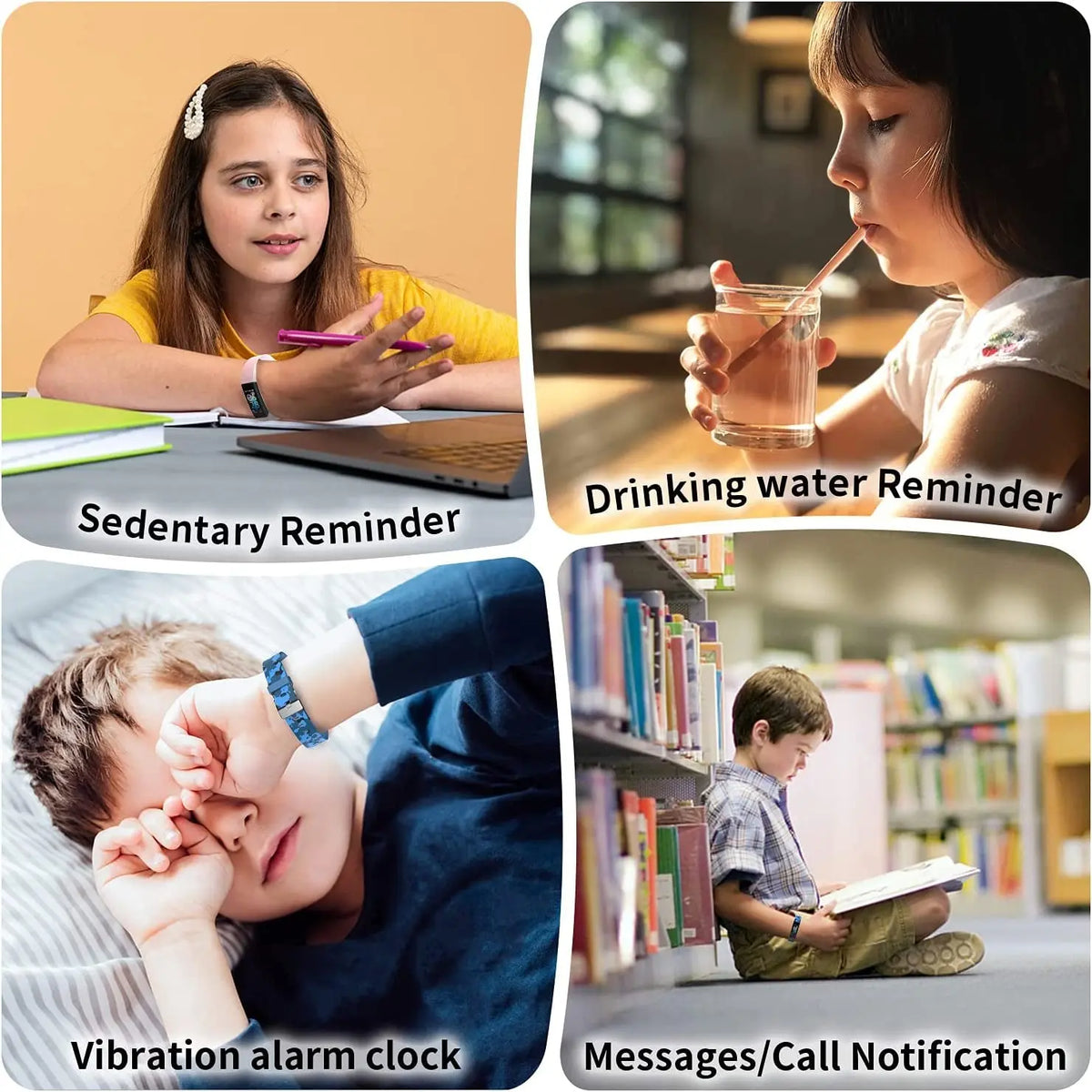 Collage showing kids using fitness tracker watch with sedentary, water drinking reminders, vibration alarm, and message notifications