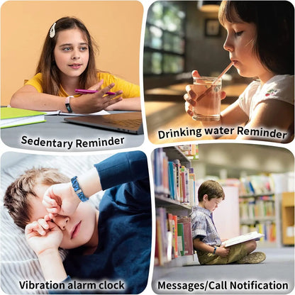 Collage showing kids using fitness tracker watch with sedentary, water drinking reminders, vibration alarm, and message notifications