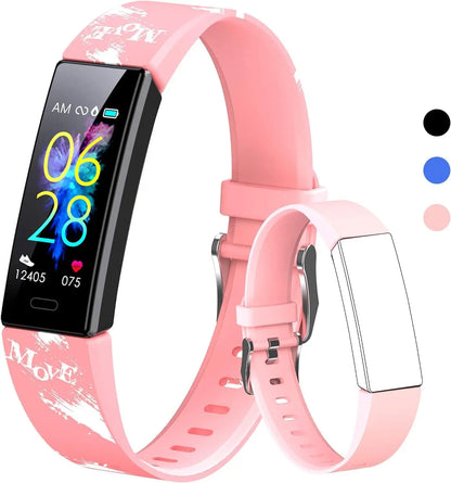 Pink kids fitness tracker watch with digital color display, pedometer, and adjustable silicone strap for ages 6 to 16