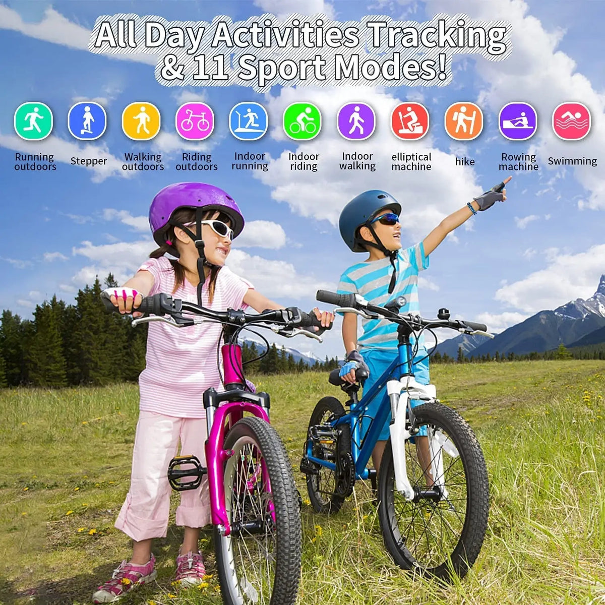 Two kids in helmets riding bikes outdoors under blue sky illustrating 11 sport modes for fitness tracking watch