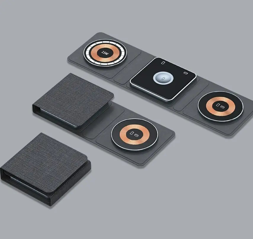 Foldable black multifunctional three-in-one wireless magnetic charger with TYPE-C interface and transparent charging pads