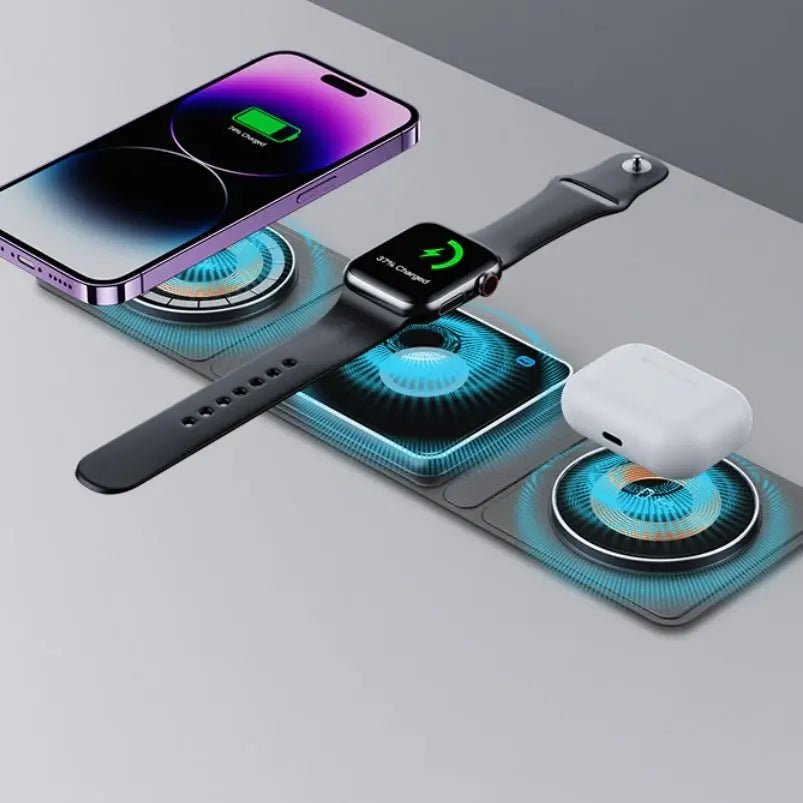 Magsafe transparent magnetic three-in-one wireless charger with phone, smartwatch, and earphones charging on black surface
