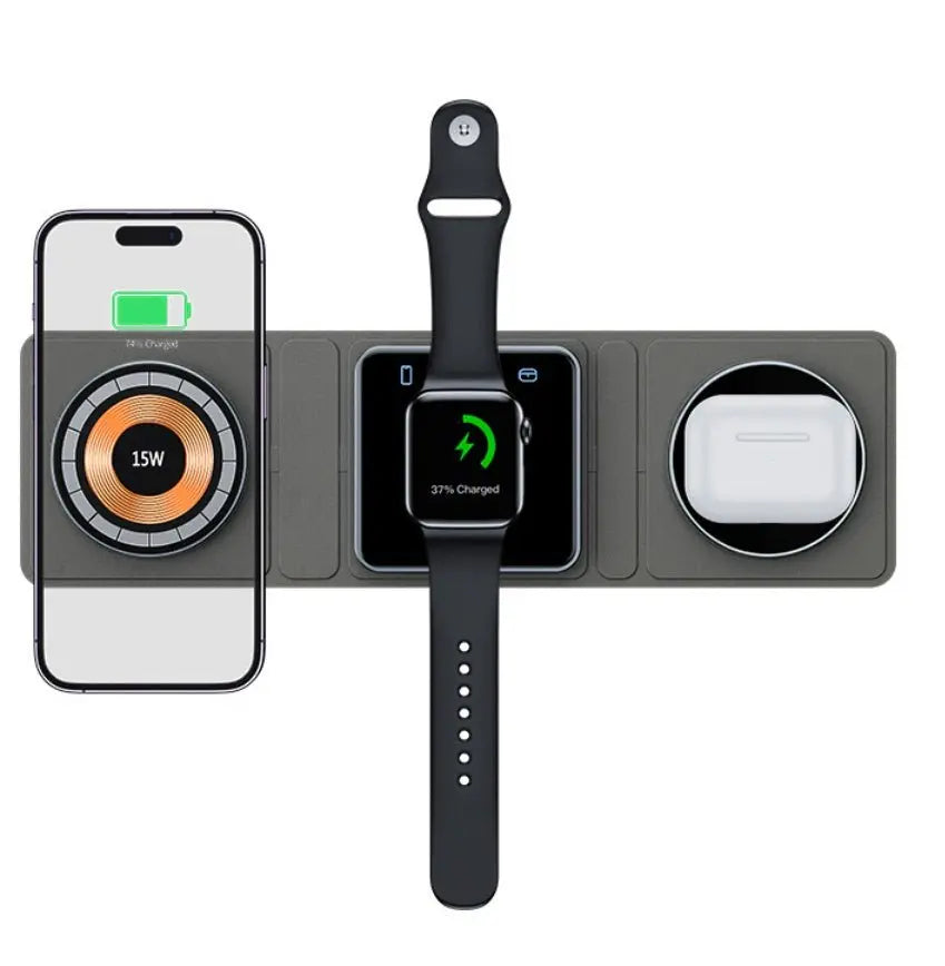 Top view of Magsafe transparent magnetic wireless charger with phone, smartwatch, and earbuds charging on a grey pad