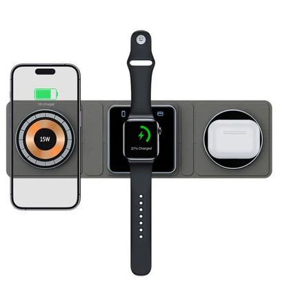 Top view of Magsafe transparent magnetic wireless charger with phone, smartwatch, and earbuds charging on a grey pad
