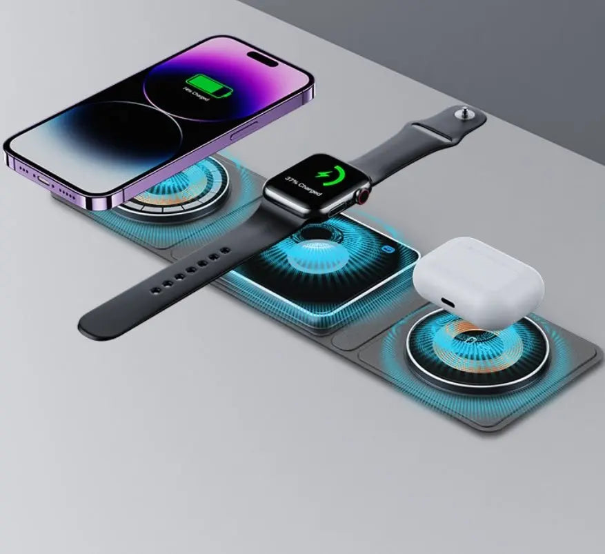 Magsafe transparent magnetic wireless charger with three charging spots powering smartphone, smartwatch, and wireless earbuds