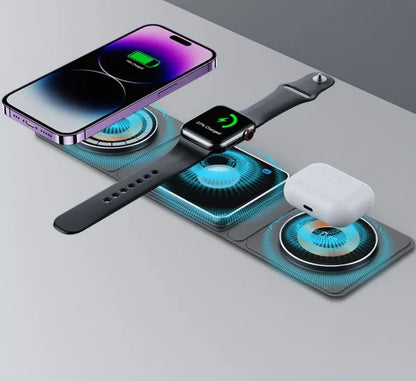 Magsafe transparent magnetic wireless charger with three charging spots powering smartphone, smartwatch, and wireless earbuds