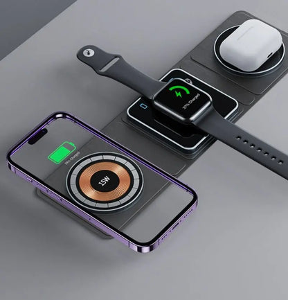 Magsafe transparent magnetic three-in-one wireless charger with black Apple Watch and AirPods charging on gray surface