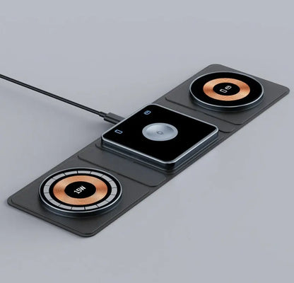 Top view of black Magsafe transparent magnetic wireless charger with three charging pads and TYPE-C cable attached