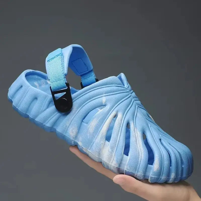 Light blue men’s platform cloud slipper with adjustable back strap and airy cutout design for outdoor summer use