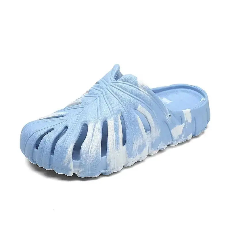 Light blue and white tie-dye men's platform cloud slippers with ventilation cutouts and cushioned sole design