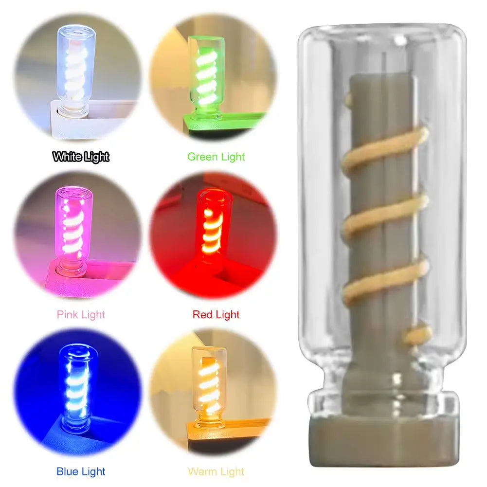 Close-up of mechanical flip flexible light showing spiral bulb with color options of white, green, pink, red, blue, and warm light
