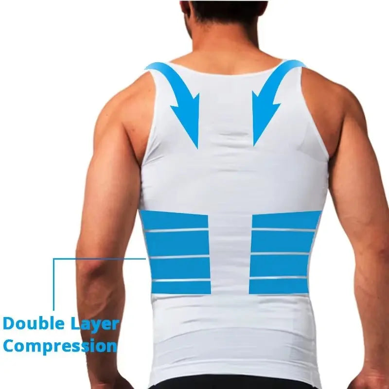 Back view of men's white slimming shapewear undershirt showing double layer compression zones on back and sides