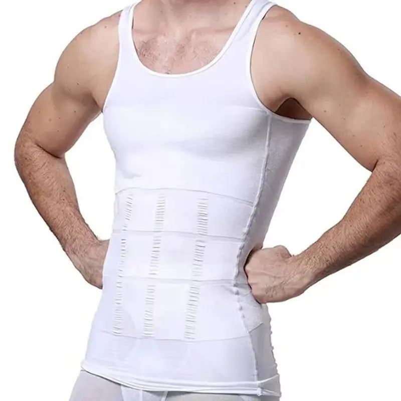 Front view of men's white slimming belly shapewear undershirt with tummy control and waist corset design