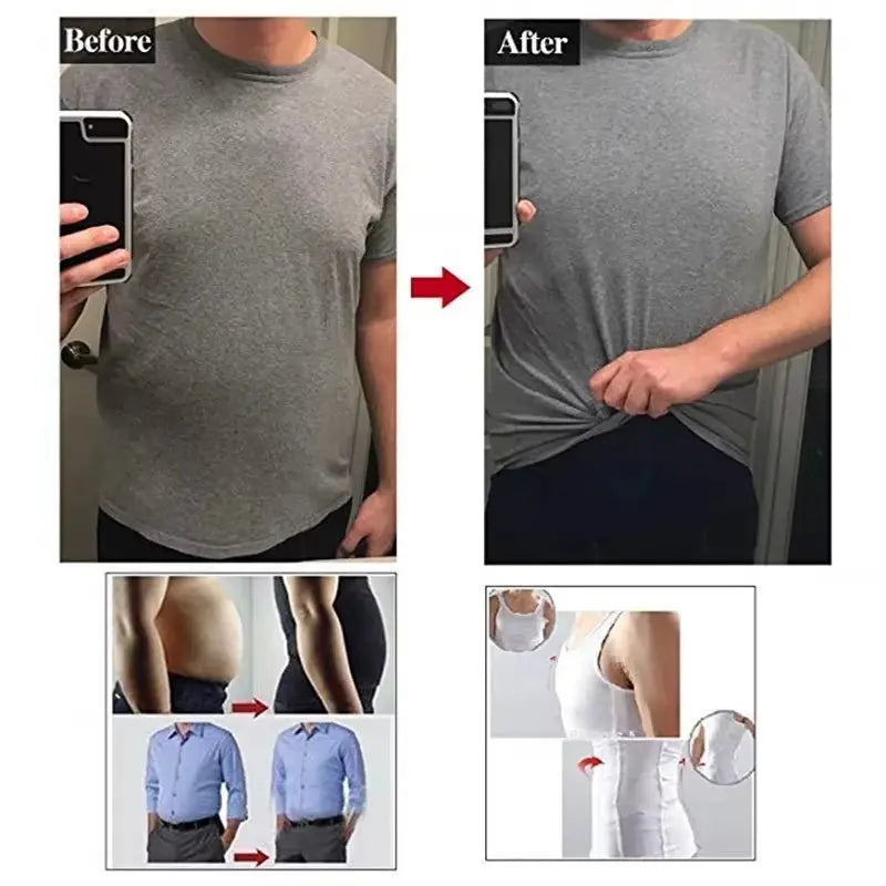 Before and after images showing men's grey slimming shapewear undershirt flattening belly and tummy control effect