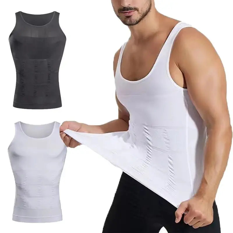 Man wearing white slimming belly shapewear undershirt stretching fabric with black and white tops side by side