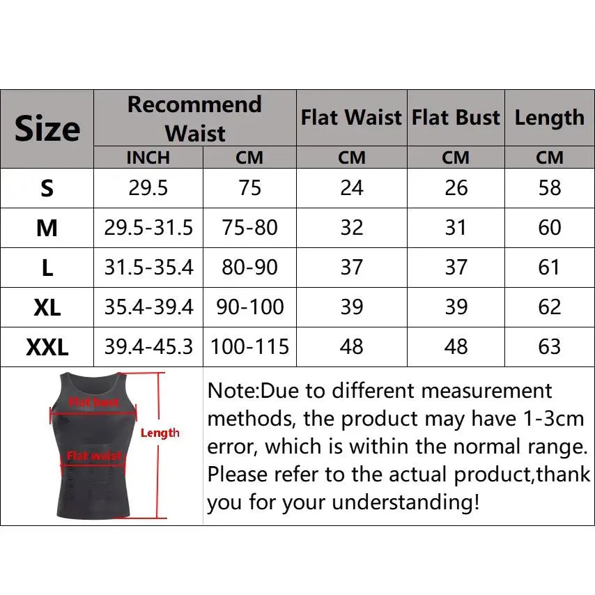 Size chart for men's slimming shapewear undershirt showing waist, bust, and length measurements in centimeters and inches