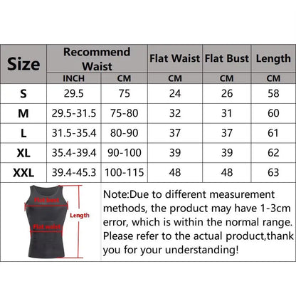 Size chart for men's slimming shapewear undershirt showing waist, bust, and length measurements in centimeters and inches