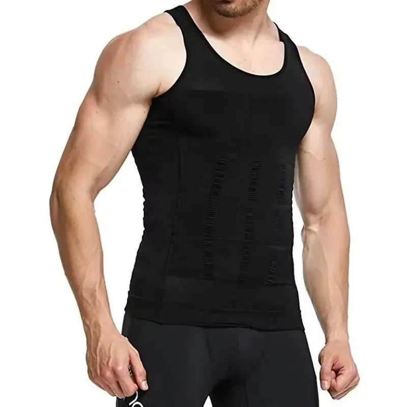Front view of black men's slimming shapewear tank top with tummy control and body shaping design