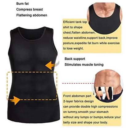 Black men's slimming shapewear tank top with tummy control, back support, and double-layer compression fabric design
