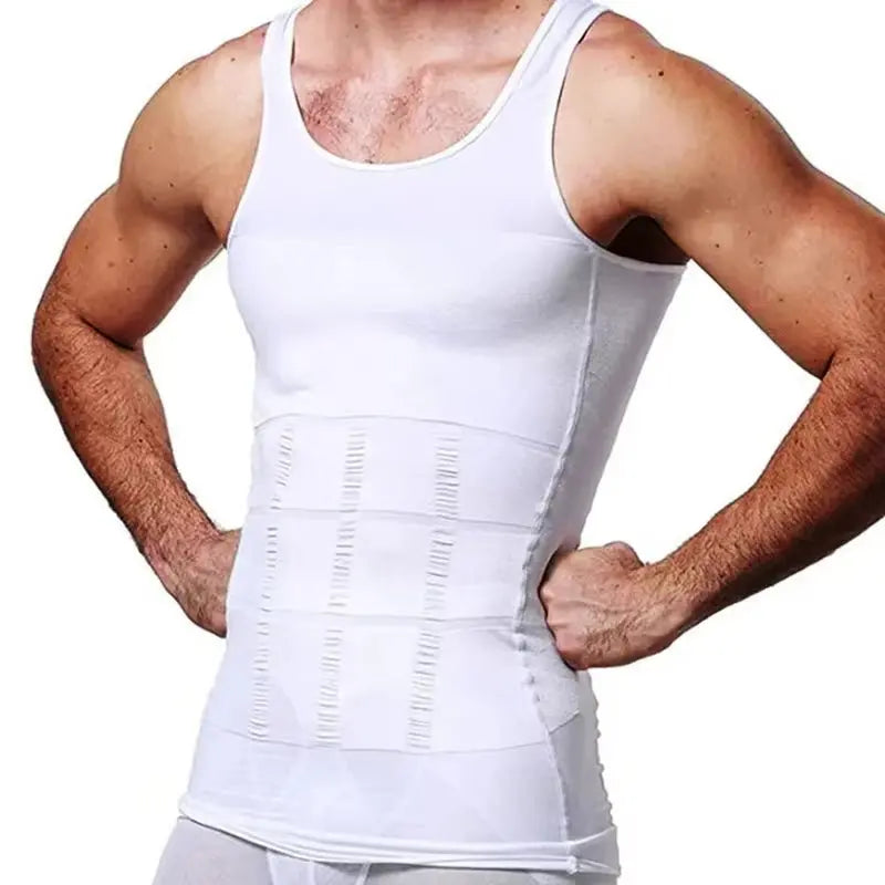 Front view of men's white slimming belly shapewear undershirt with tummy control and waist corset design