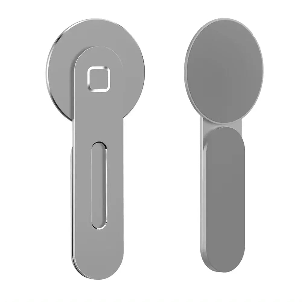 Front and back views of sleek metal magnetic phone stand with folding design and integrated 15W fast charger