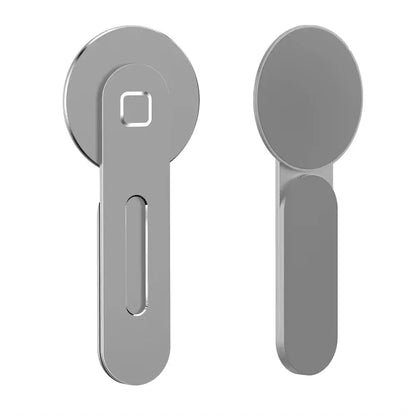 Front and back views of sleek metal magnetic phone stand with folding design and integrated 15W fast charger