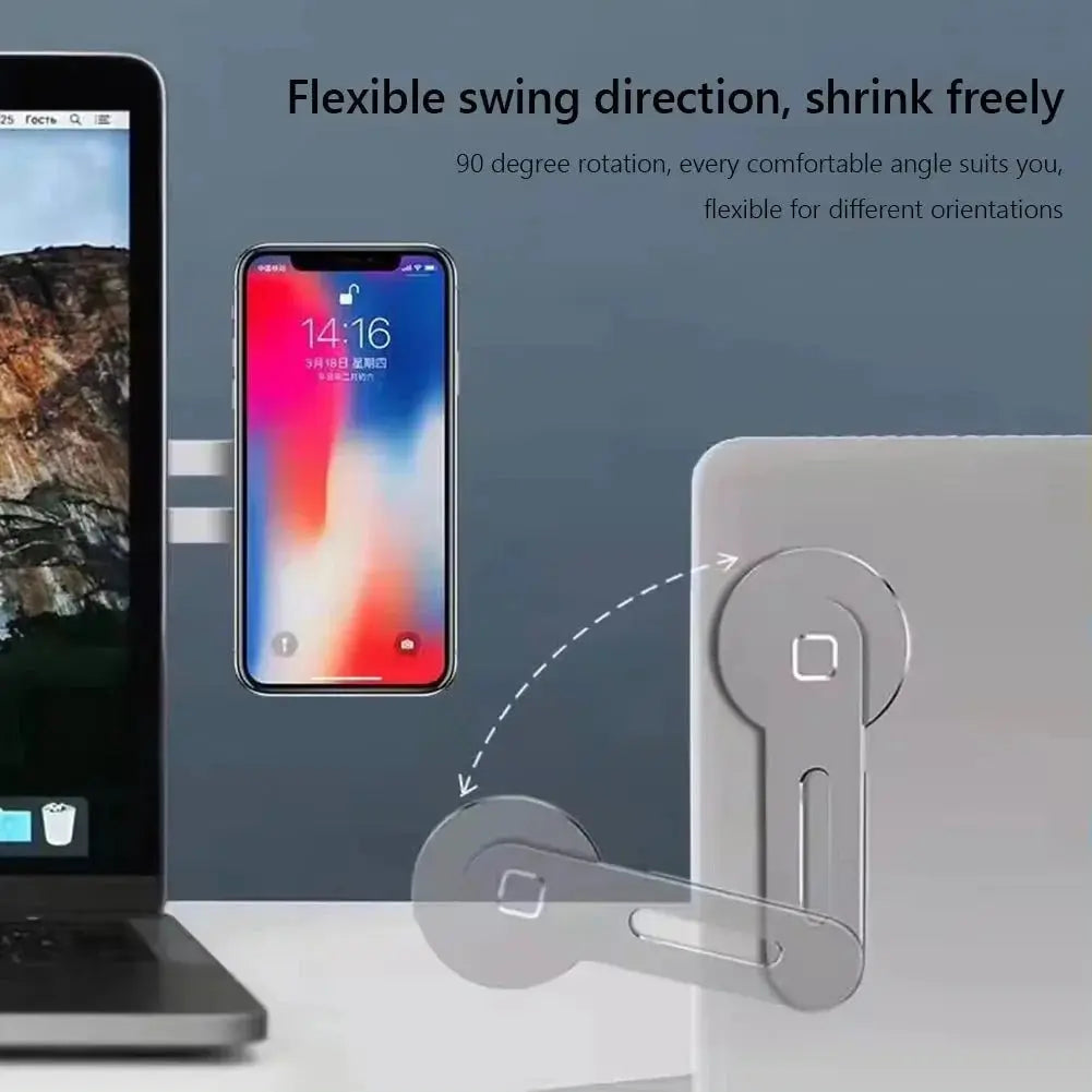 Metal Expansion Phone Stand attached to laptop showing 90-degree foldable rotation for adjustable viewing angles