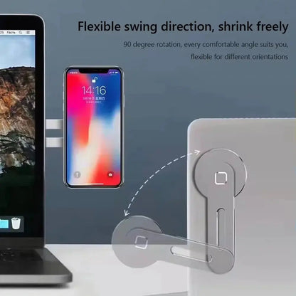 Metal Expansion Phone Stand attached to laptop showing 90-degree foldable rotation for adjustable viewing angles