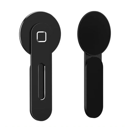 Front and back views of black metal expansion phone stand with magnetic folding design and 15W fast charger features