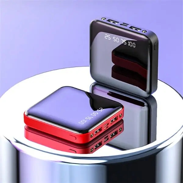 Mini portable power bank 20000mAh with mirror finish and digital battery percentage display on top surface