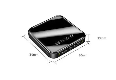 Compact black mini power bank with mirror finish and digital display showing charging status, dimensions 80x80x23mm