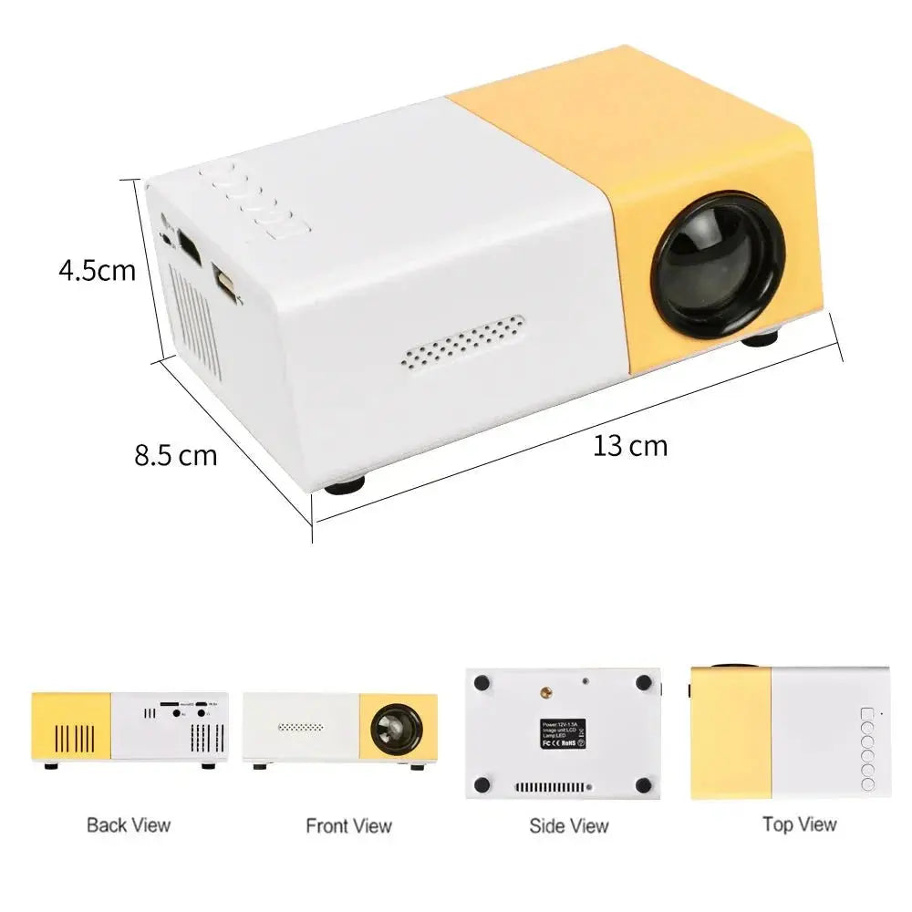 Compact yellow and white mini projector with lens, side vents, control buttons, and dimension markings shown from multiple angles