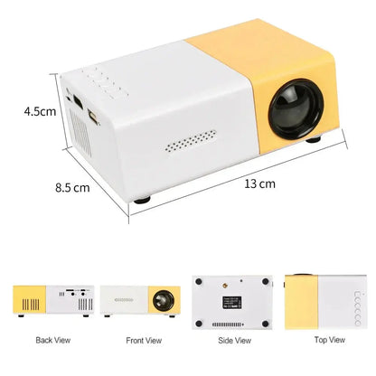 Compact yellow and white mini projector with lens, side vents, control buttons, and dimension markings shown from multiple angles