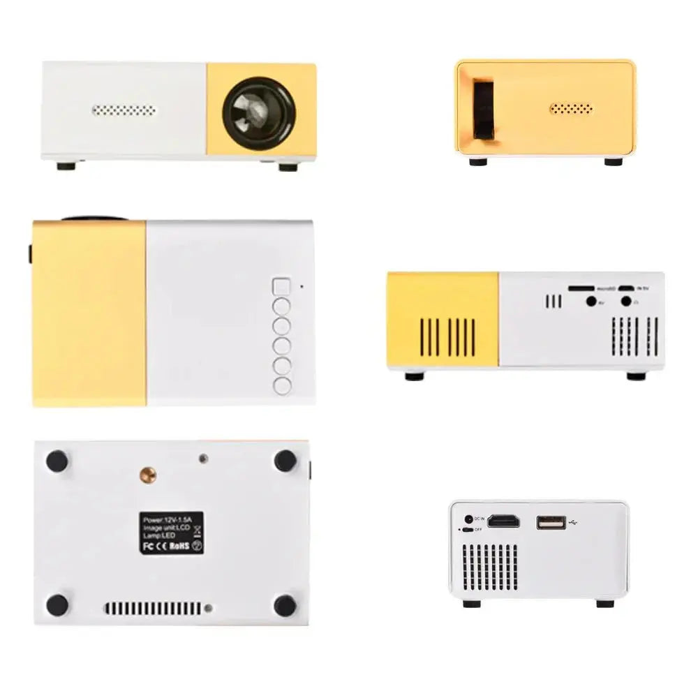 Multiple angled views of a compact yellow and white mini projector with buttons and multiple ports visible