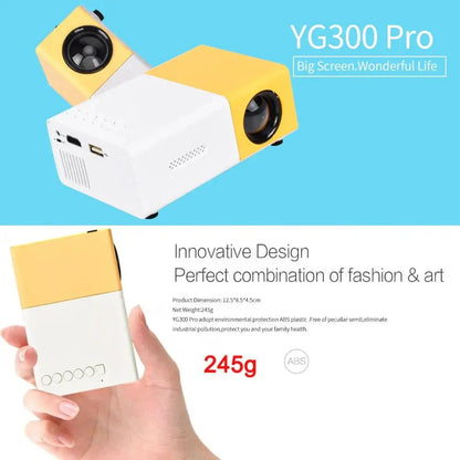 Compact yellow and white YG300 Pro mini projector highlighting its innovative design held in hand against blue background