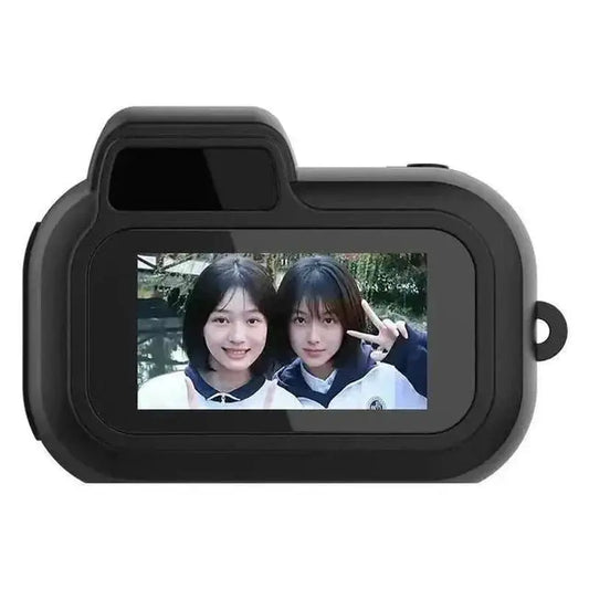 Back view of Mini SLR-shaped 1080P pocket DV camera showing display screen with selfie preview of two young women