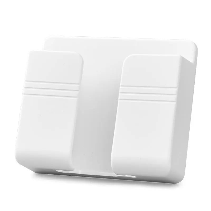 White mobile phone charging storage rack with punch-free sticky adhesive and dual slots for devices