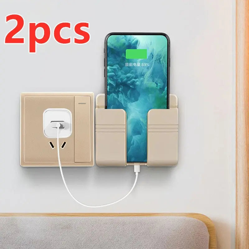 Mobile phone charging storage rack in beige mounted on wall holding a phone with charging cable connected