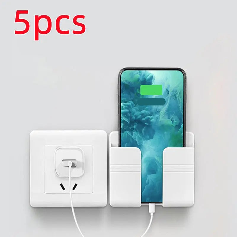 White mobile phone charging storage rack mounted on wall with phone and charging cable plugged in, pack of five