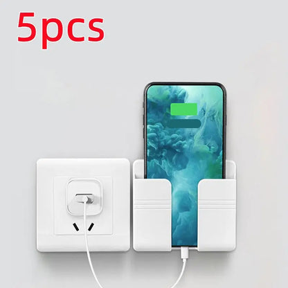 White mobile phone charging storage rack mounted on wall with phone and charging cable plugged in, pack of five