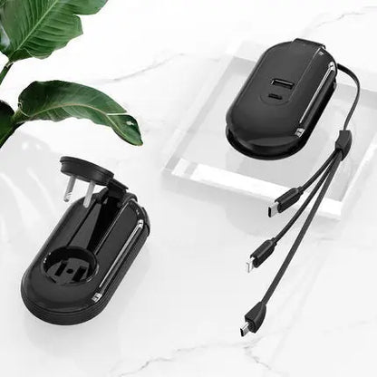 Compact black multifunctional charger with foldable plug and three charging cables for multiple devices on white surface