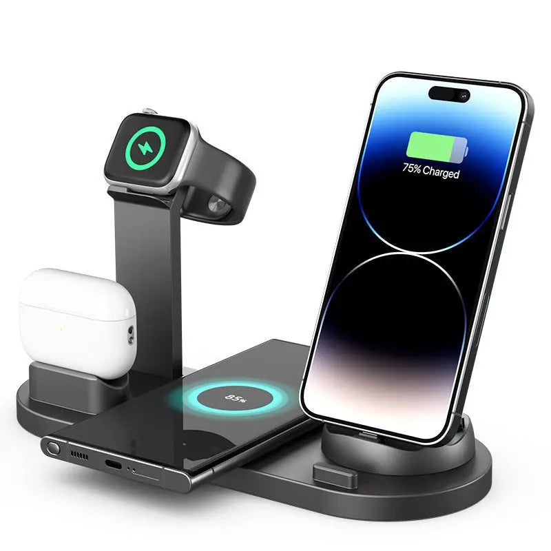 Black multi-device wireless charging stand with smartphone, smartwatch, and earbud case charging simultaneously