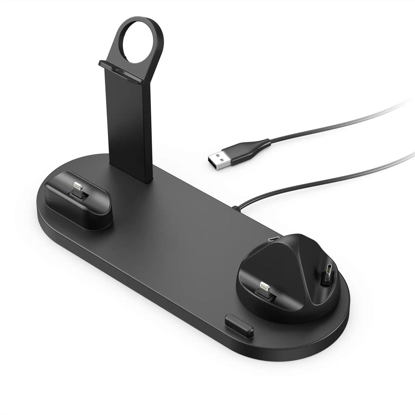Black wireless charging stand for mobile phone, headset, and watch with USB cable attached on white background