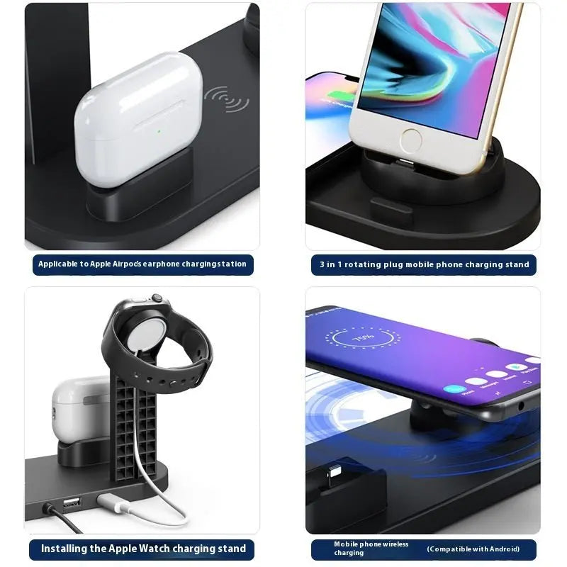 Black multi-device wireless charging stand with slots for phone, headset, and watch showing active charging features